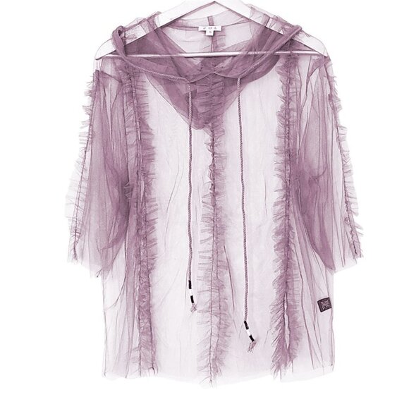 NWT POL Shear Mesh Ruffle Trim Hooded Blouse Top - Picture 5 of 6